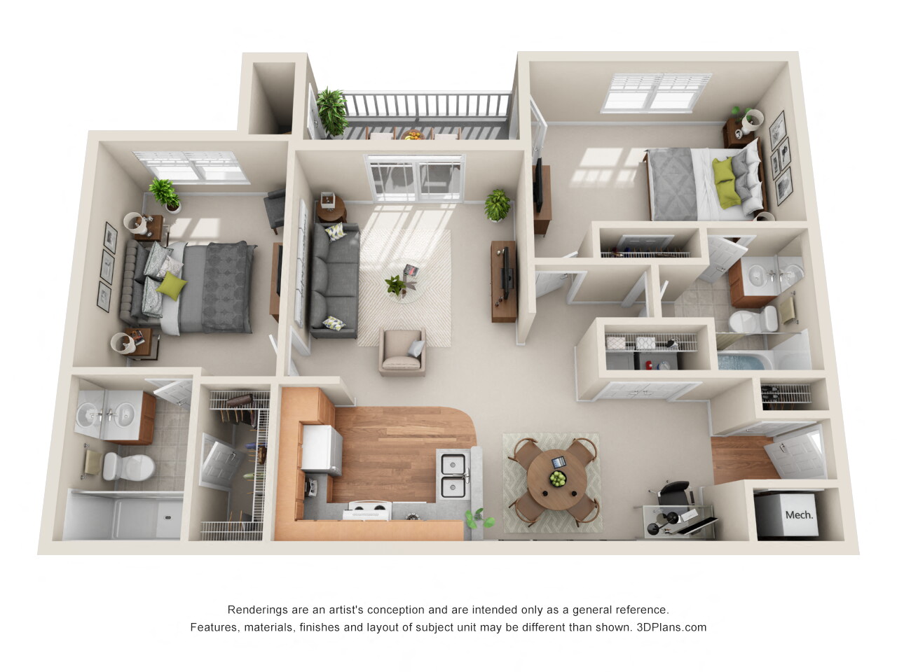 Floor plan for 2 beds, 2 baths, 1058 sqft